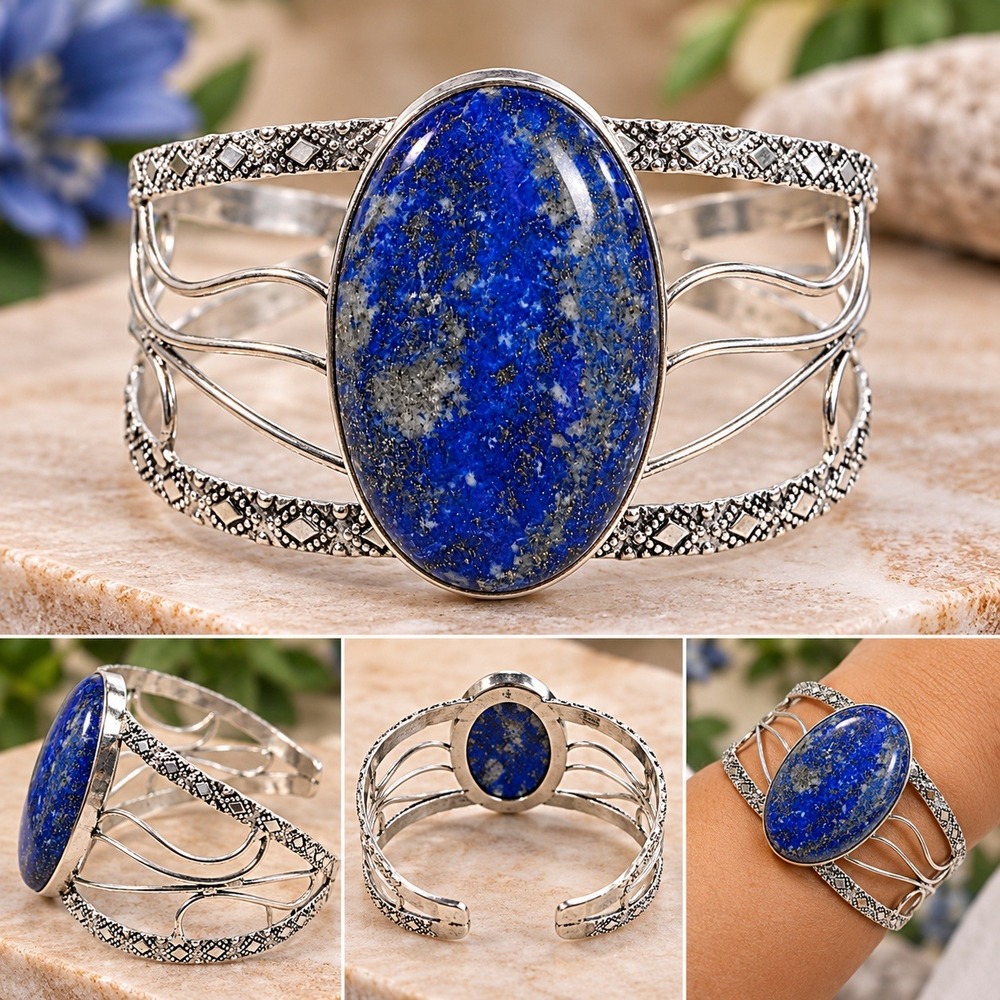 Silver Plated Huge Handmade Tibetan Lapis Lazuli Bangle 6.5" Cuff Bracelet Boho